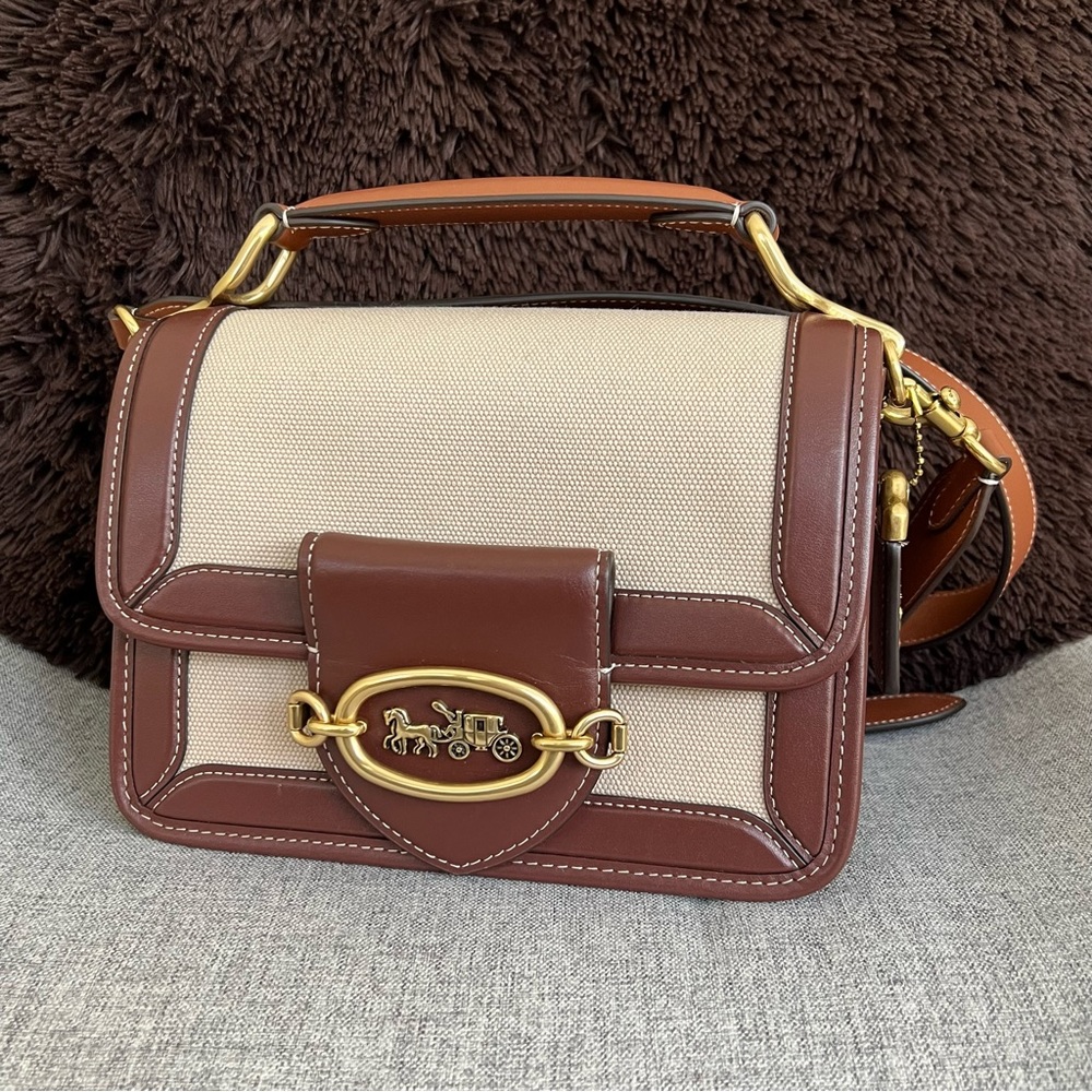 NWT Coach Hero Canvas Cream and Brown Crossbody Bag